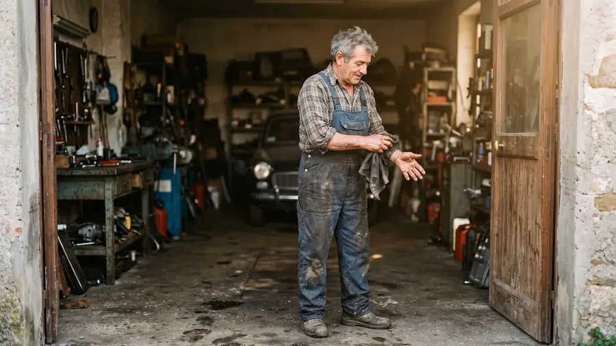 Un uomo sui sessant'anni in tuta da lavoro si pulisce le mani in un'officina, a fine giornata.