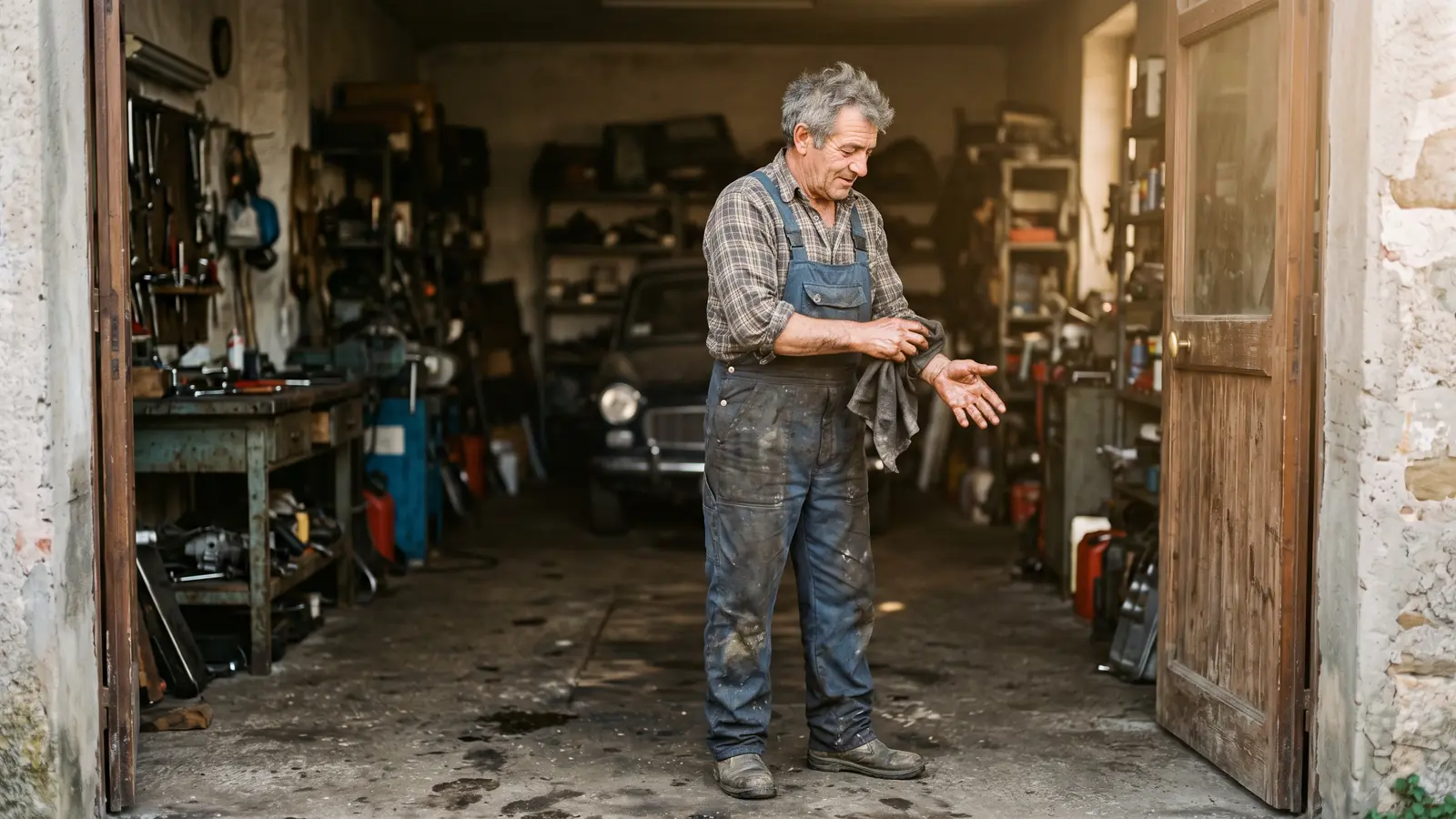 Un uomo sui sessant'anni in tuta da lavoro si pulisce le mani in un'officina, a fine giornata.