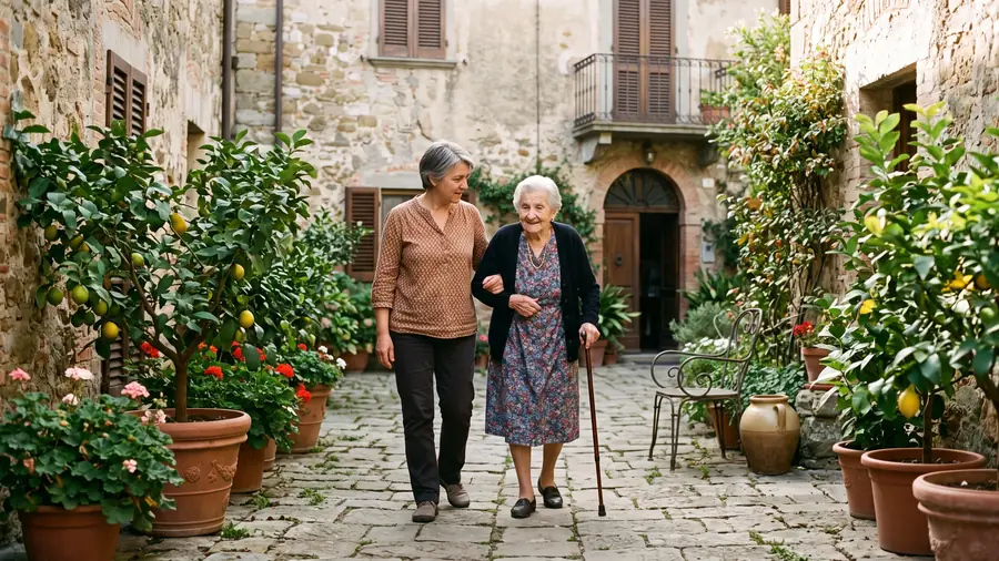 Una donna sui sessant'anni passeggia sottobraccio con la madre anziana in un cortile con limoni in vaso.