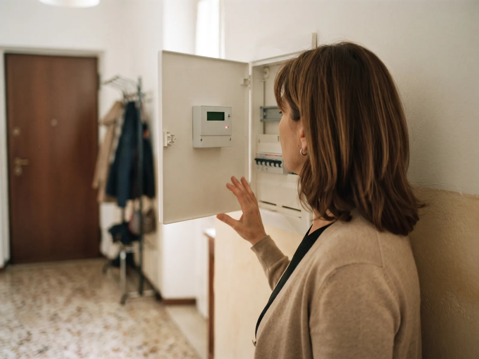 Una donna apre lo sportello del quadro elettrico nell'ingresso di casa e guarda il contatore.