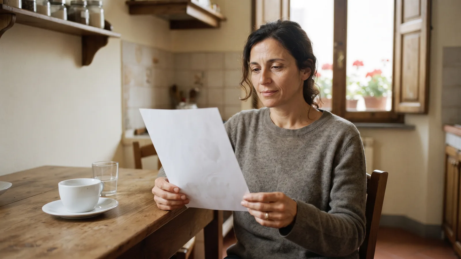 Una donna sui quarant'anni legge un foglio seduta al tavolo di cucina, accanto a una tazza e a un bicchiere d'acqua.