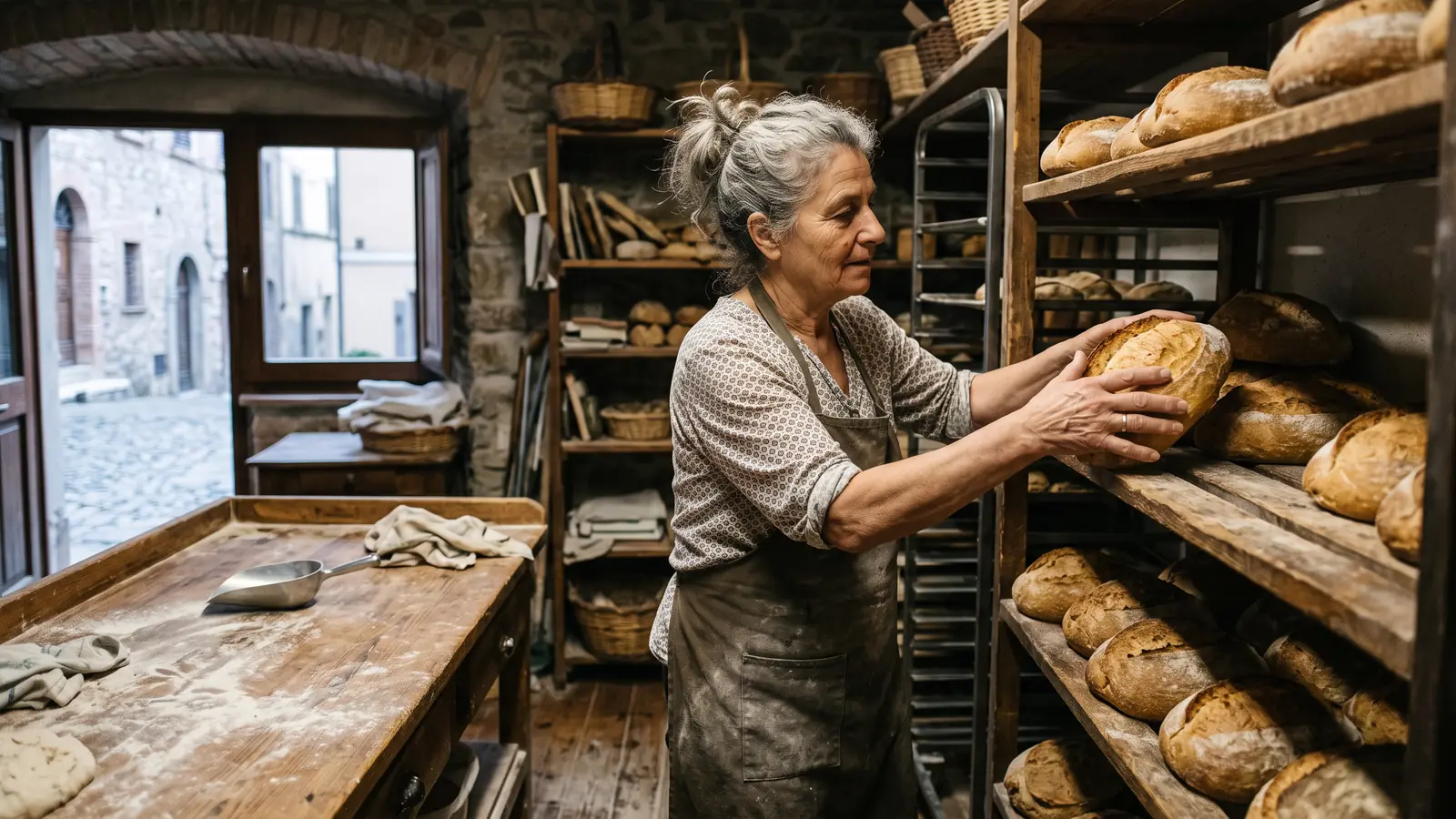 Una donna sulla settantina sistema le pagnotte sugli scaffali di un piccolo forno di paese.