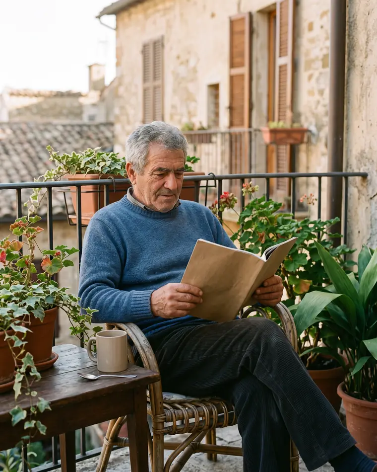 Un uomo sulla settantina legge una rivista sul balcone, con una tazza di caff&egrave; accanto.