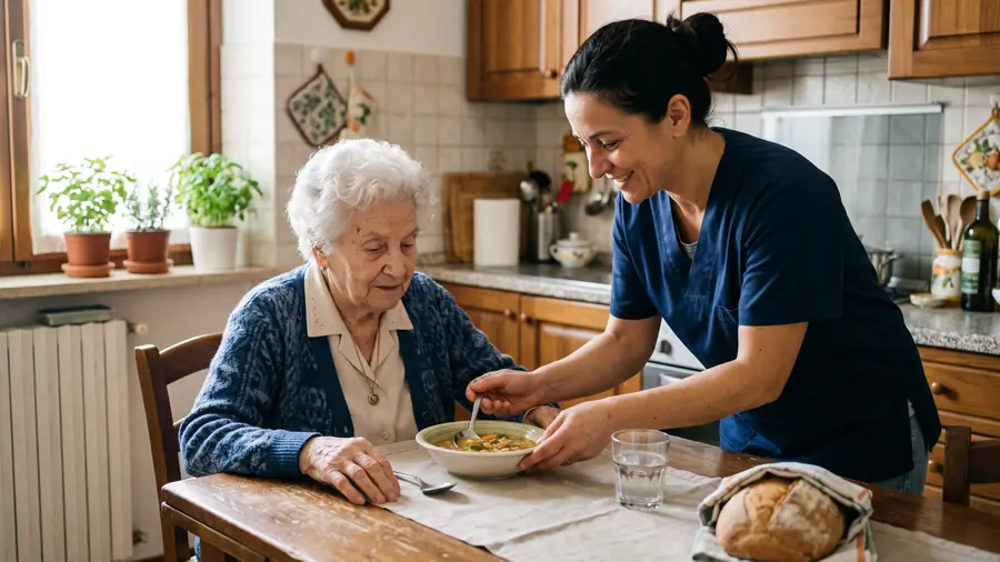 Un'assistente familiare serve una scodella di minestra a una donna molto anziana seduta al tavolo di cucina.