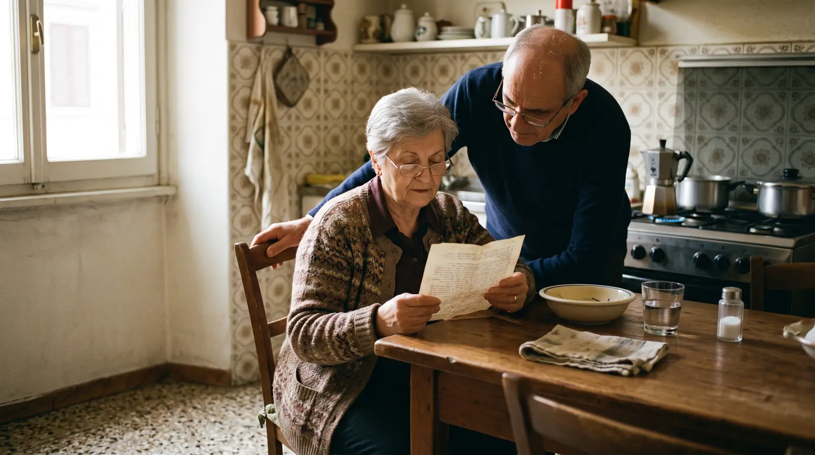 Una donna sulla settantina legge un foglio al tavolo della cucina mentre il marito si sporge a guardare.